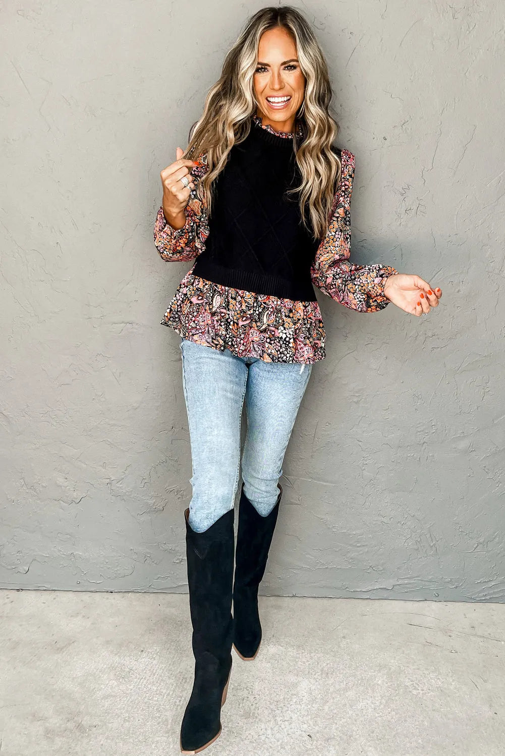 Black Contrast Floral Sleeve Peplum Sweater - Chic Meadow Boutique 