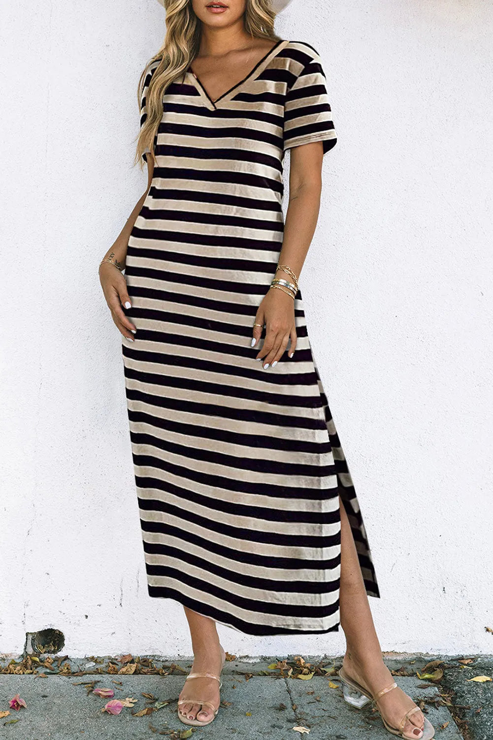 Black Stripe Print V Neck Maxi Dress with Side Splits - Chic Meadow Boutique 