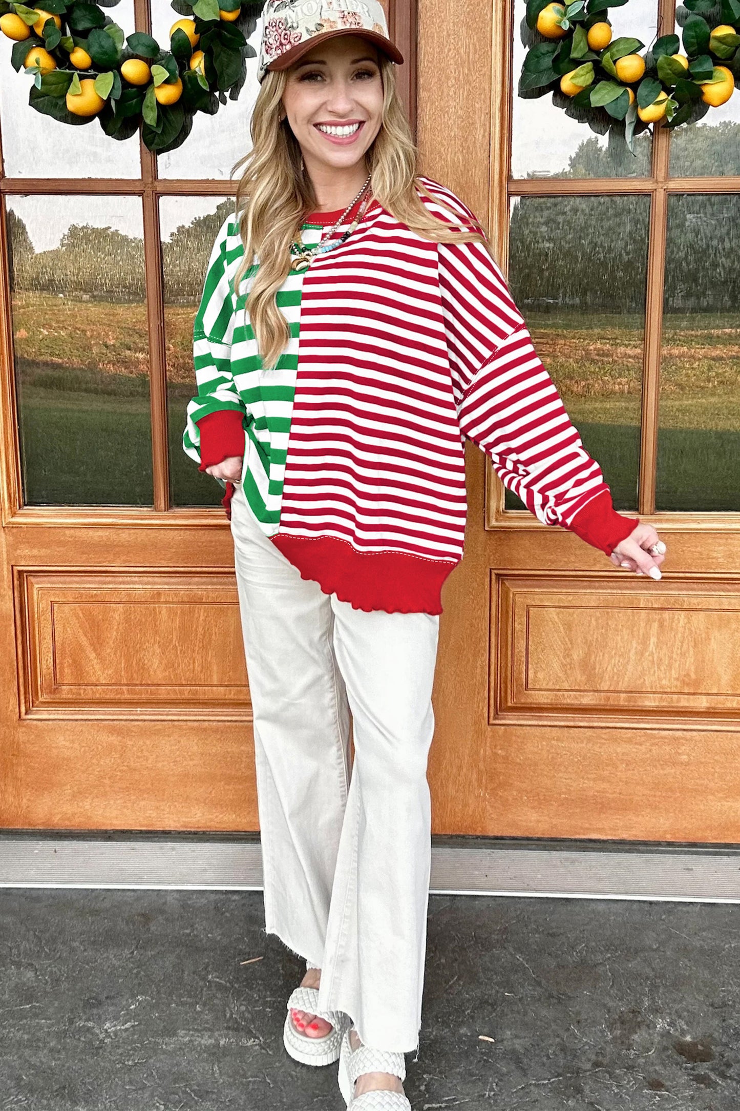 Green Stripe Contrasted Color Block Patchwork Baggy Sweatshirt