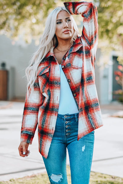 Red Turn down Neck Plaid Pocket Button Closure Coat - Chic Meadow Boutique 