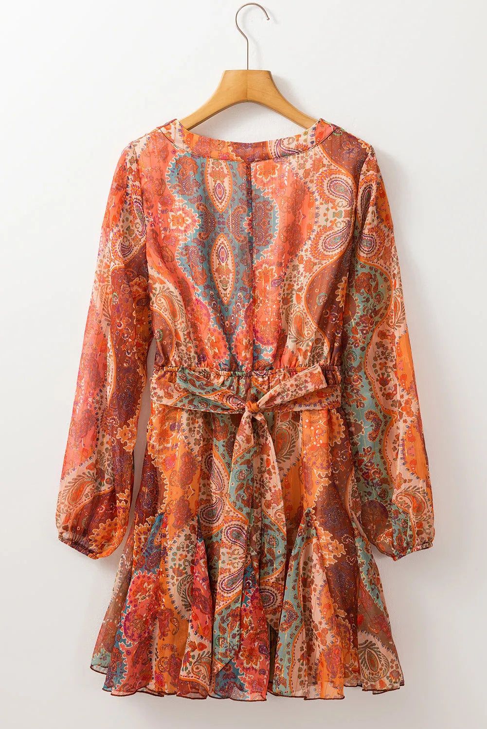 Orange Boho Paisley Print Long Sleeve Pleated Belted Mini Dress - Chic Meadow Boutique 