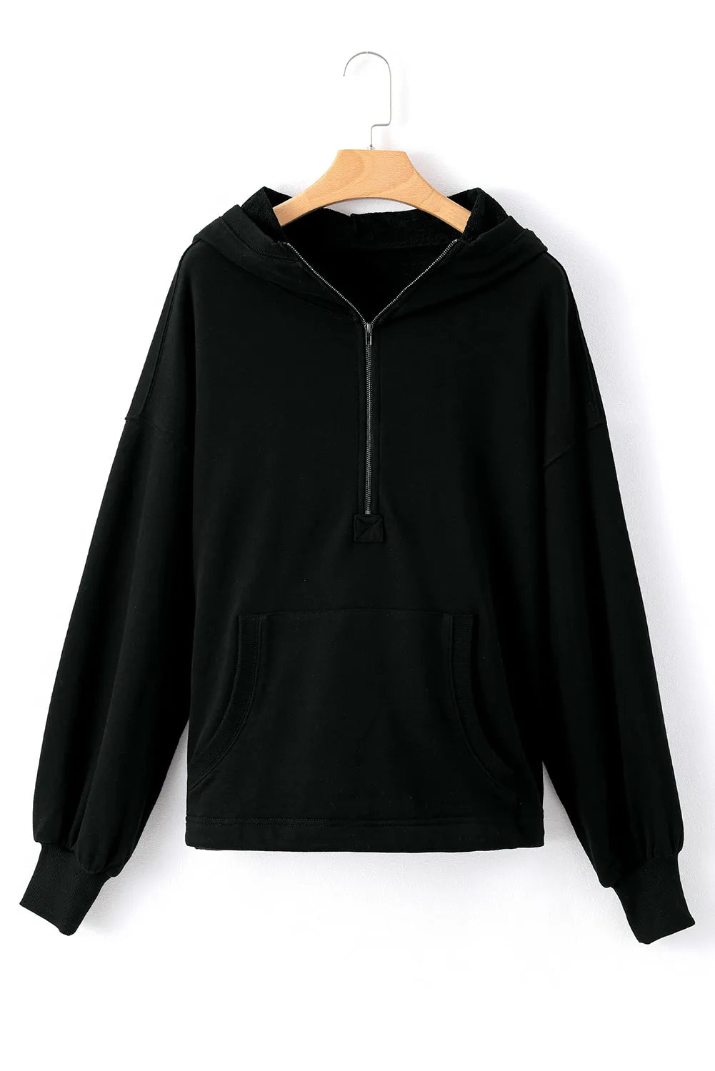 Black Solid Kangaroo Pocket Half Zipper Oversized Hoodie - Chic Meadow Boutique 