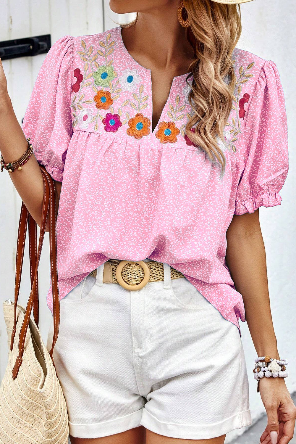 Pink Floral Embroidered Puff Sleeve Notched V Neck Blouse