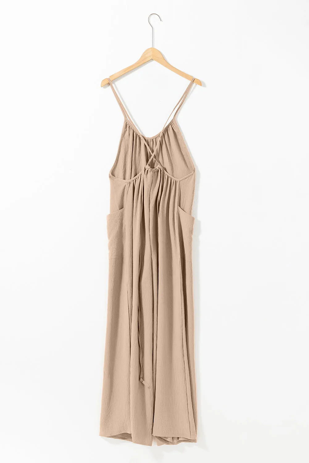 Apricot Spaghetti Straps Waist Tie Wide Leg Jumpsuit with Pockets - Chic Meadow Boutique 