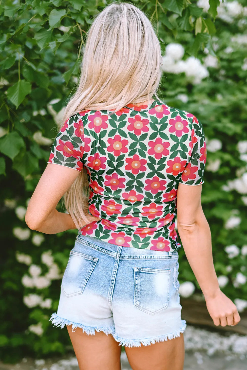 Fiery Red Retro Floral Print Crew Neck T Shirt - Chic Meadow Boutique 