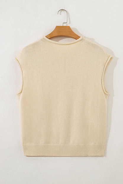 Apricot Buttoned Front Rolled Hem Cap Sleeve Sweater Top