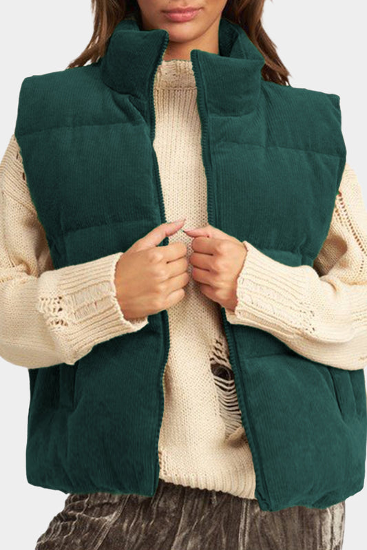 Jungle Green Corduroy Stand Neck Zipped Puffer Vest