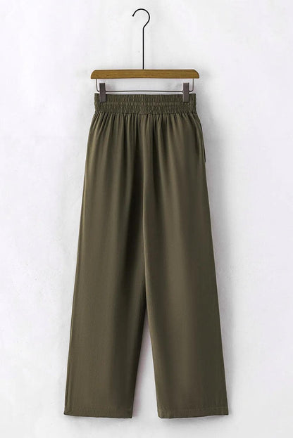 Bottoms/Pants & Culotte Green Brown Drawstring Elastic Waist Casual Wide Leg Pants