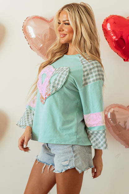 Clearly Aqua Plaid Floral Peace Heart Graphic Wide Long Sleeve Top