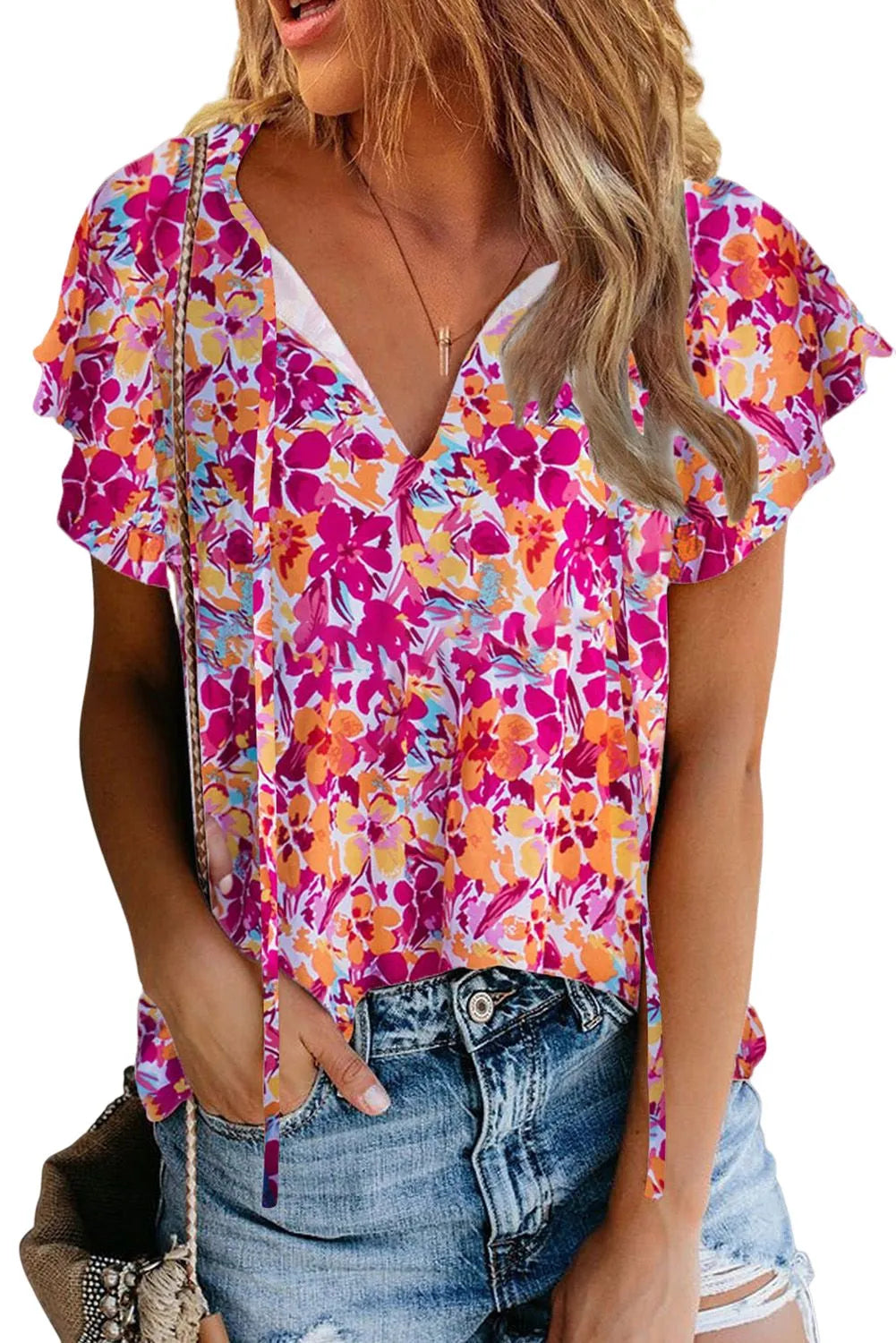 Fiery Red Flutter Sleeves Floral Print Top - Chic Meadow Boutique 