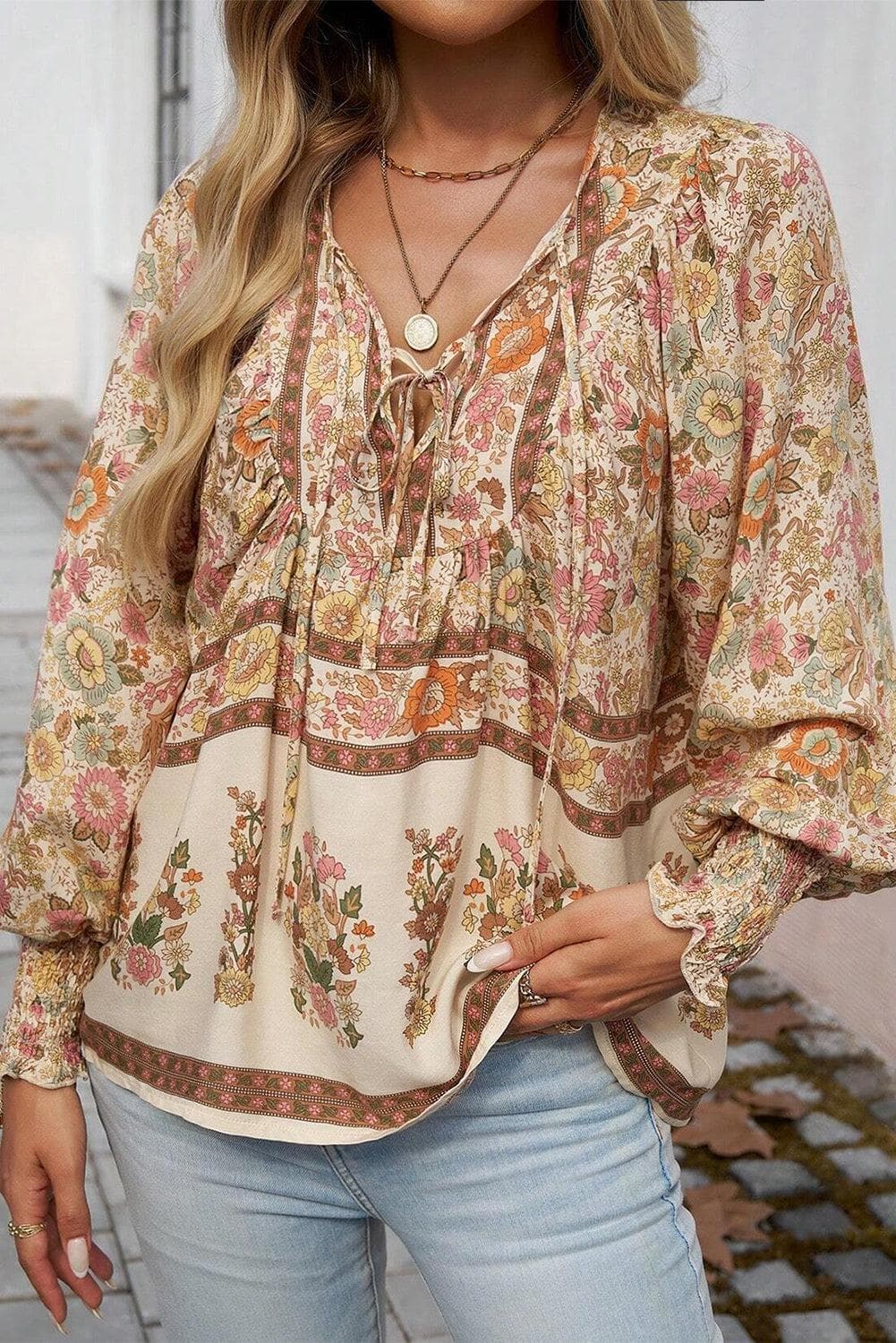 Tops/Blouses & Shirts Yellow Floral Print Tie Neck Lantern Sleeve Blouse