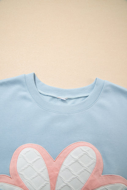 Beau Blue Big Flower Patch Drop Shoulder Striped Long Sleeve Top