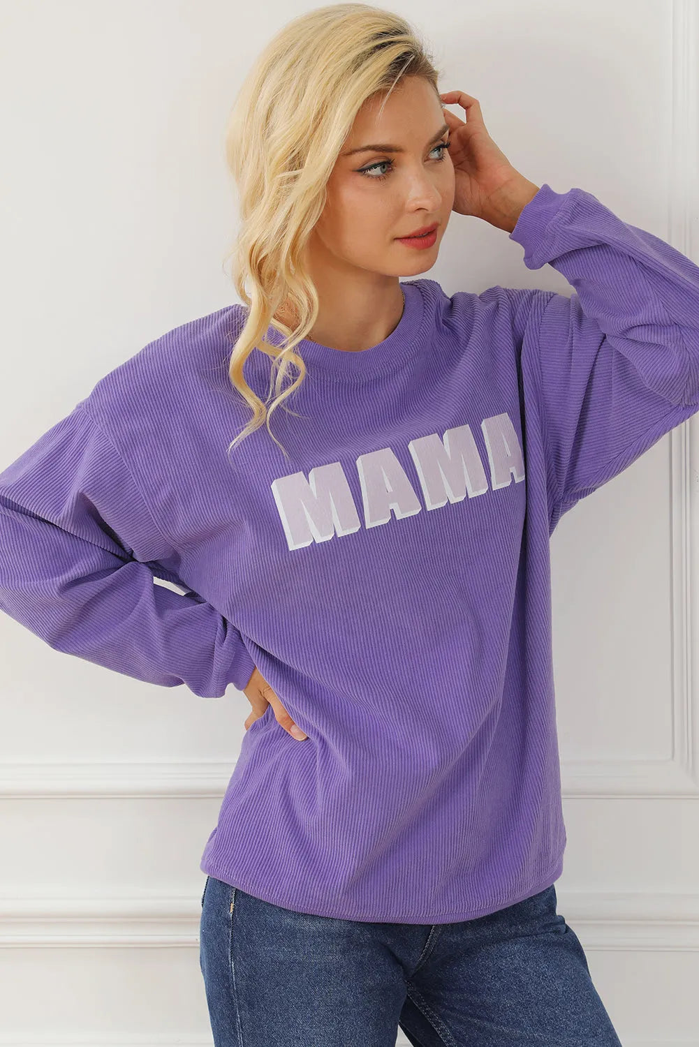 Purple MAMA Ribbed Crew Neck Pullover Sweatshirt - Chic Meadow Boutique 