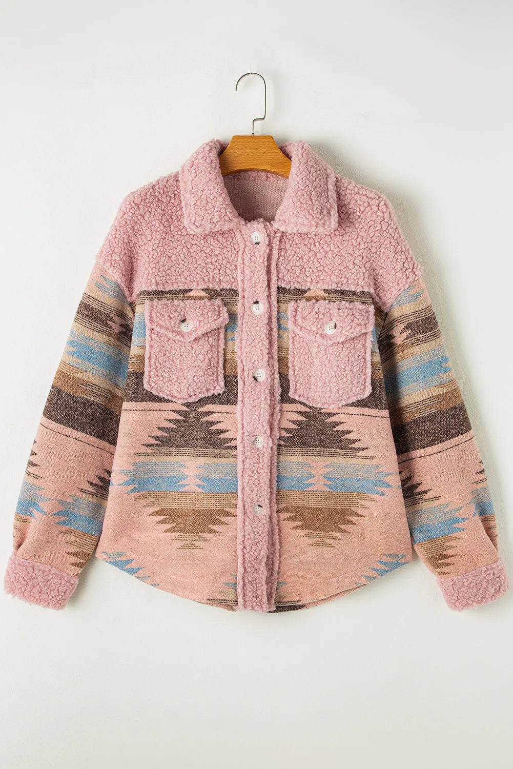 Pink Western Aztec Print Sherpa Splicing Buttoned Flap Pocket Coat - Chic Meadow Boutique 