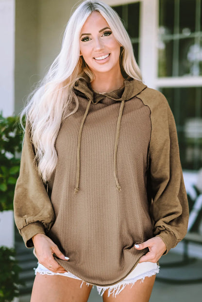 Khaki Waffled Expose Seam Drawstring Hoodie - Chic Meadow Boutique 