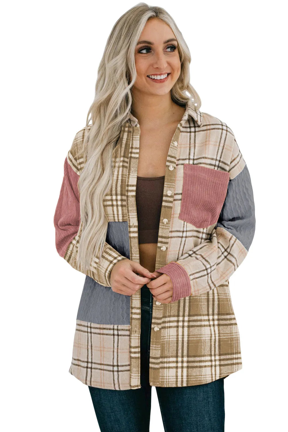 Pink Plaid Color Block Patchwork Shirt Jacket with Pocket - Chic Meadow Boutique 