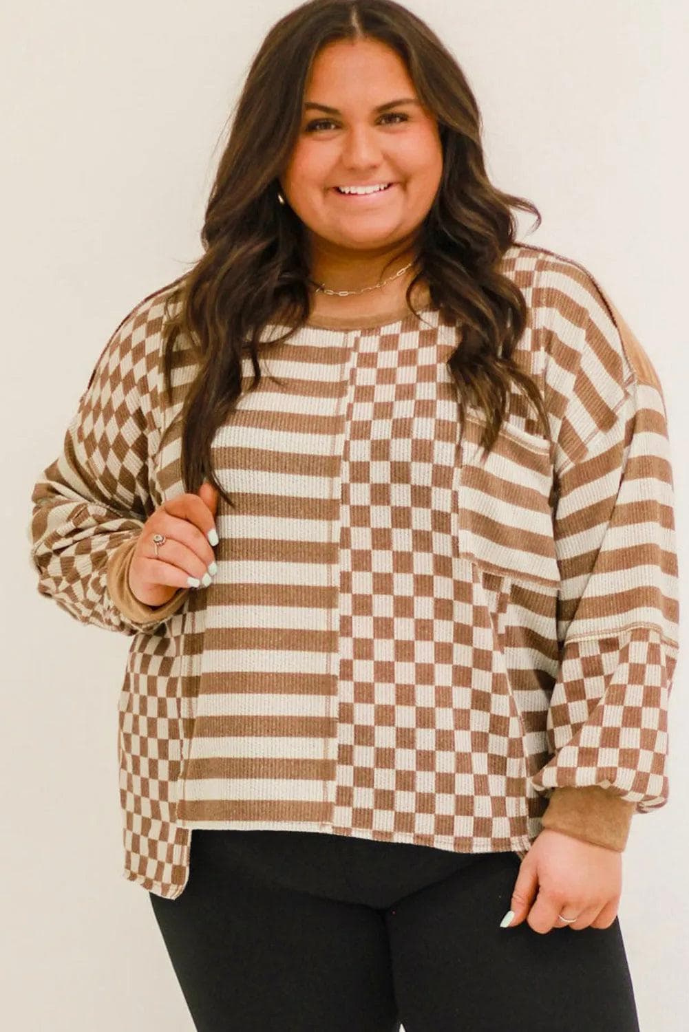 Plus Size/Plus Size Tops/Plus Size Long Sleeve Tops Khaki Striped Checkered Mixed Print Chest Pocket Casual Plus Size Top