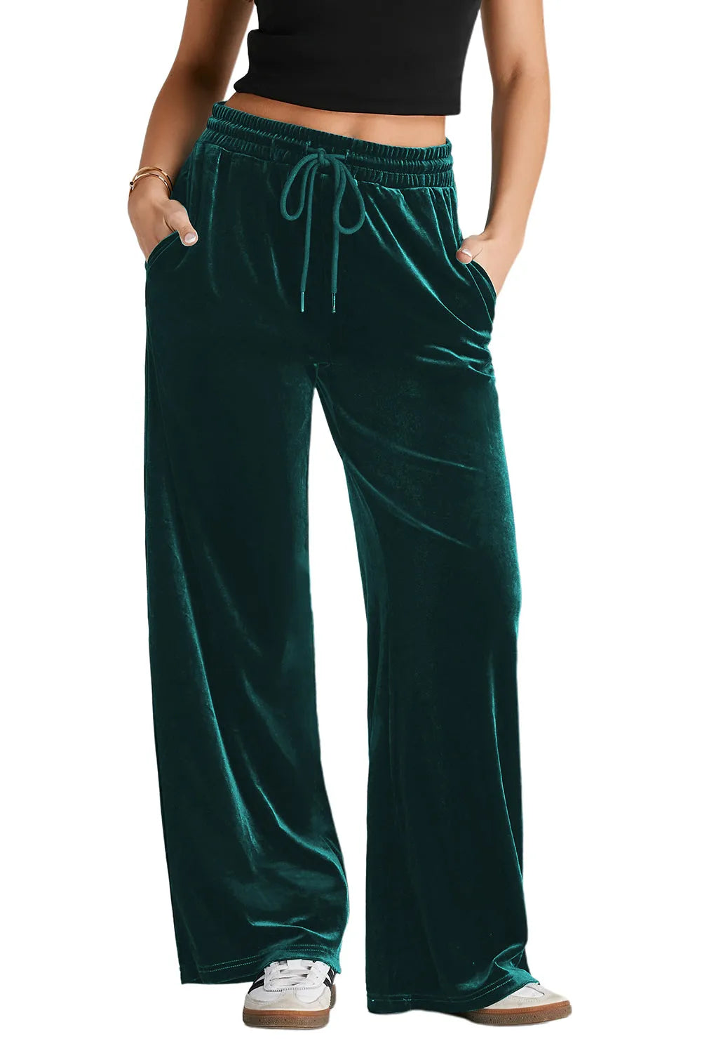 Evergreen Solid Drawstring Waist Wide Leg Pants - Chic Meadow Boutique 