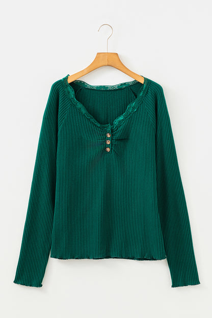 Skobeloff Lace Neckline Button Decor Lettuce Edge Long Sleeve Ribbed Top