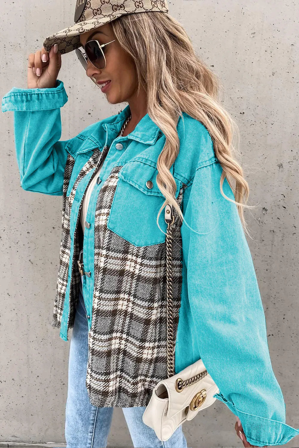 Sky Blue Plaid Patchwork Pockets Denim Jacket - Chic Meadow Boutique 