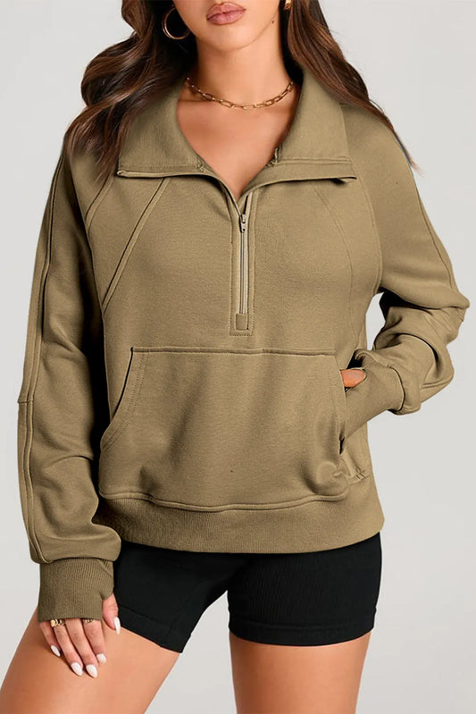 Brown Quarter Zip Stand Neck Kangaroo Pocket Sweatshirt - Chic Meadow Boutique 