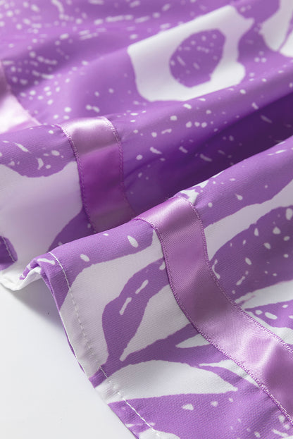 Purple Leafy Print 3/4 Sleeve Striped Trim Split Neck Blouse