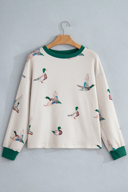 Beige Mallard Duck Print Plus Size Twisted Ribbed Top