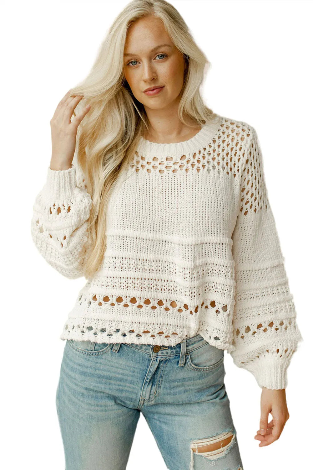 Tops/Sweaters & Cardigans White Solid Color Pointelle Knit Puff Sleeve Sweater