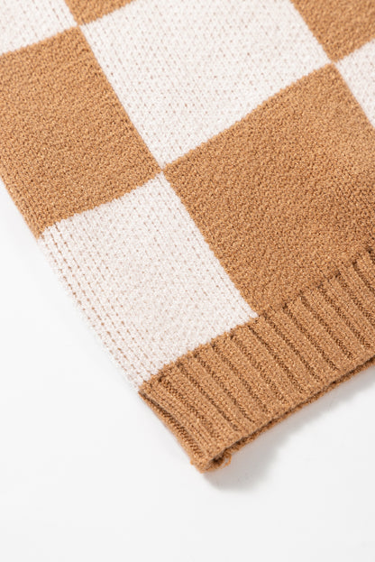 Light French Beige Colorblock Plaid Pattern Ribbed Trim Sweater Tank Top