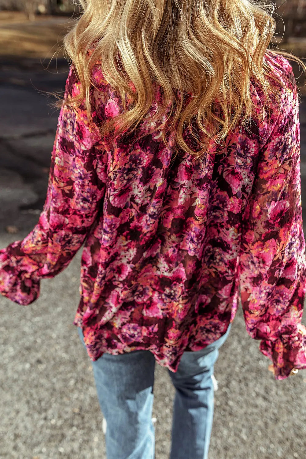 Rose Red Floral Allover Print Drawstring Ruffled V Neck Loose Blouse - Chic Meadow Boutique 