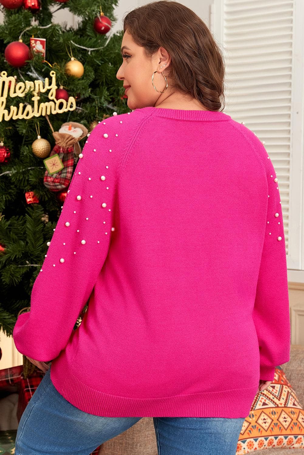 Plus Size/Plus Size Sweaters & Cardigans Strawberry Pink Pearled Decor Raglan Sleeve Plus Size Sweater