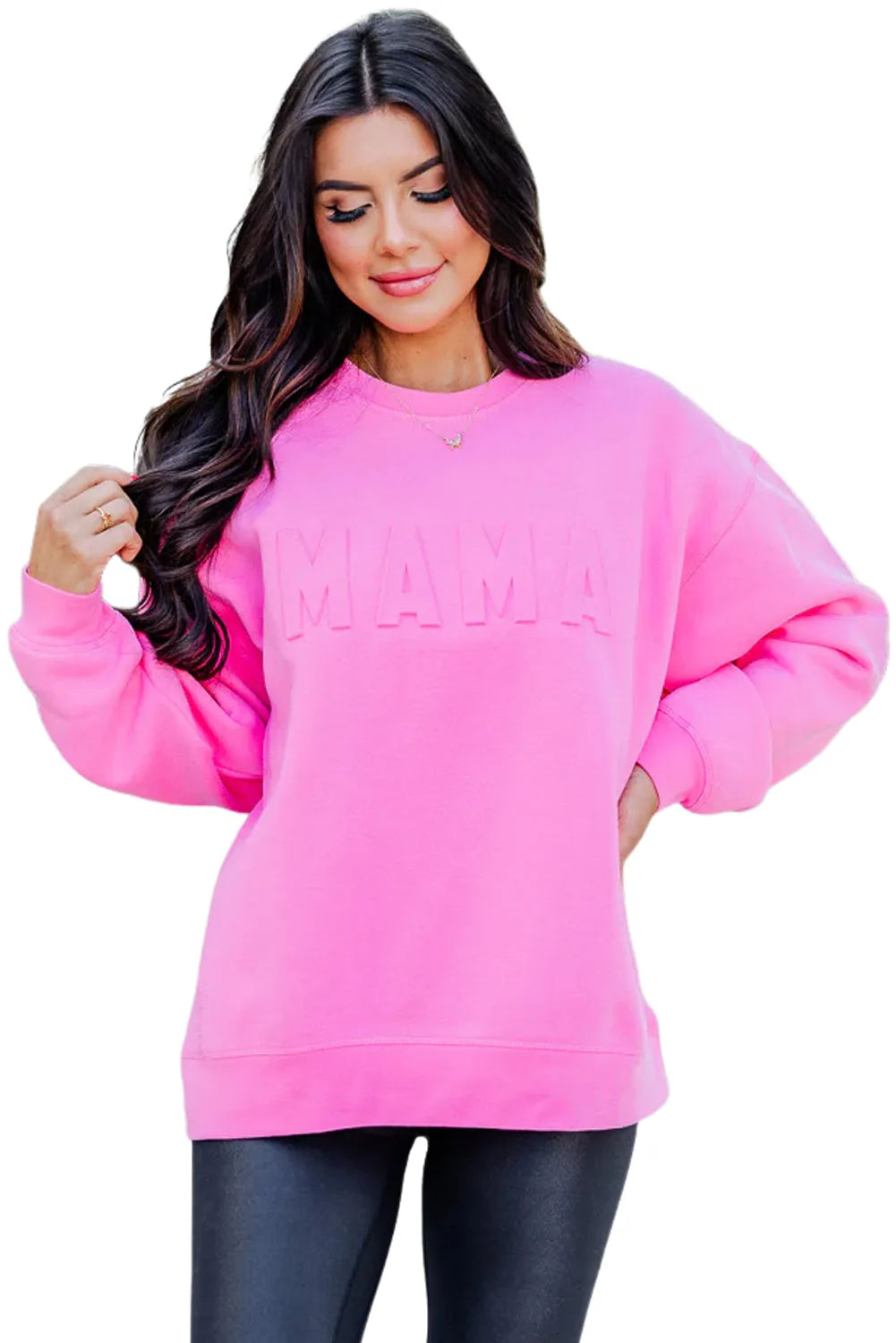 Bright Pink MAMA Letter Embossed Casual Sweatshirt - Chic Meadow Boutique 