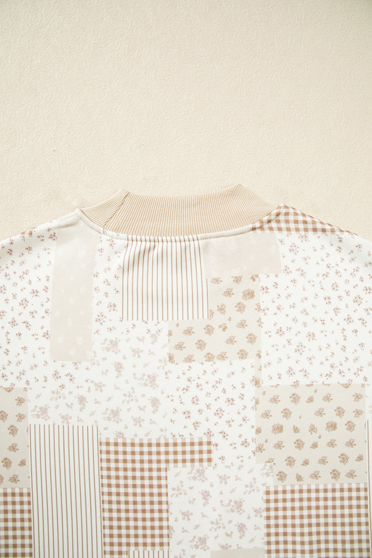 Khaki Patchwork Floral Print Mock Neck Long Sleeve Sweatshirt
