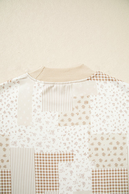 Khaki Patchwork Floral Print Mock Neck Long Sleeve Sweatshirt