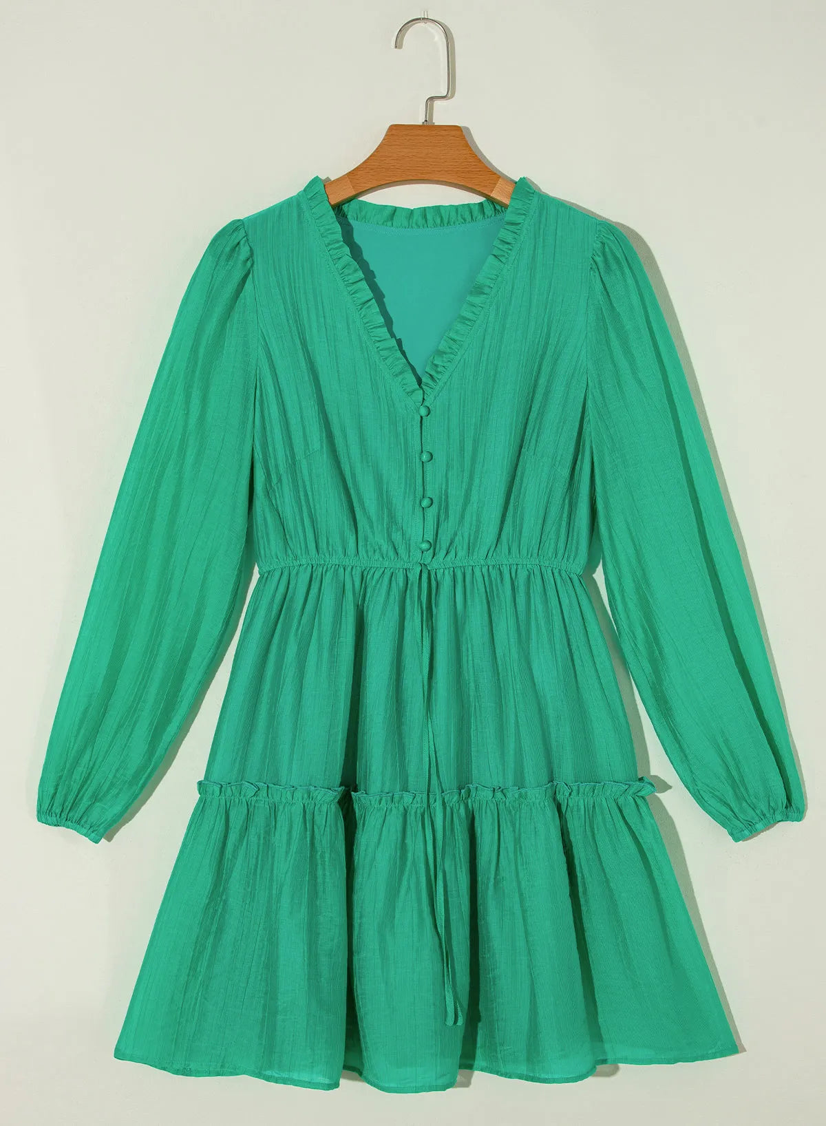 Sea Green Frilly V Neck Puff Sleeve Drawstring Shift Mini Dress - Chic Meadow Boutique 