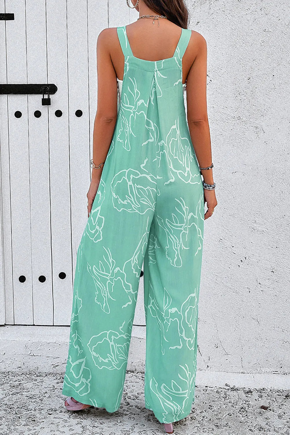 Moonlight Jade Printed Bib Wide Leg Overalls - Chic Meadow Boutique 