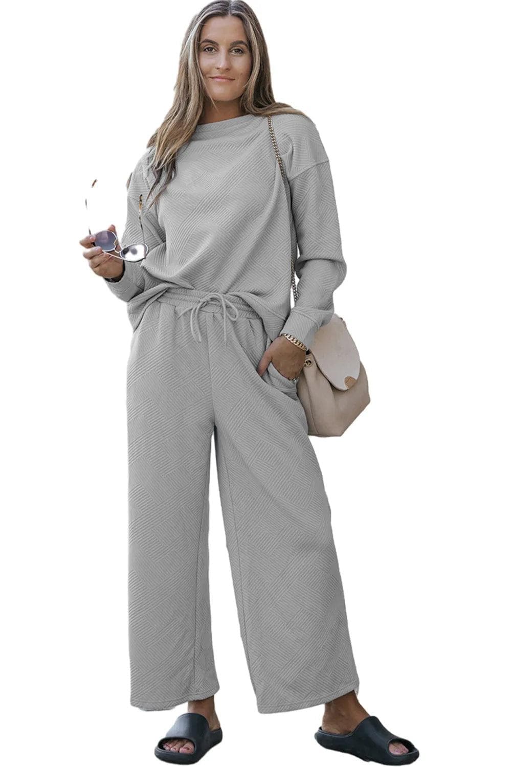 Two Piece Sets/Pant Sets Gray Ultra Loose Textured 2pcs Slouchy Outfit