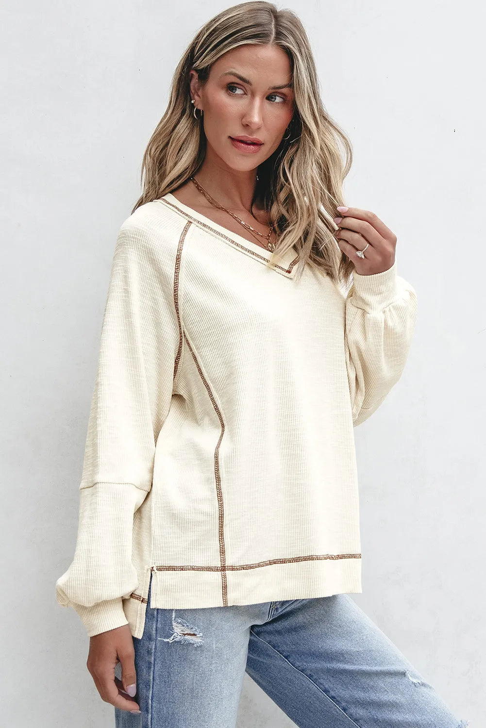 Beige Exposed Seam Textured Knit V Neck Pullover Top - Chic Meadow Boutique 