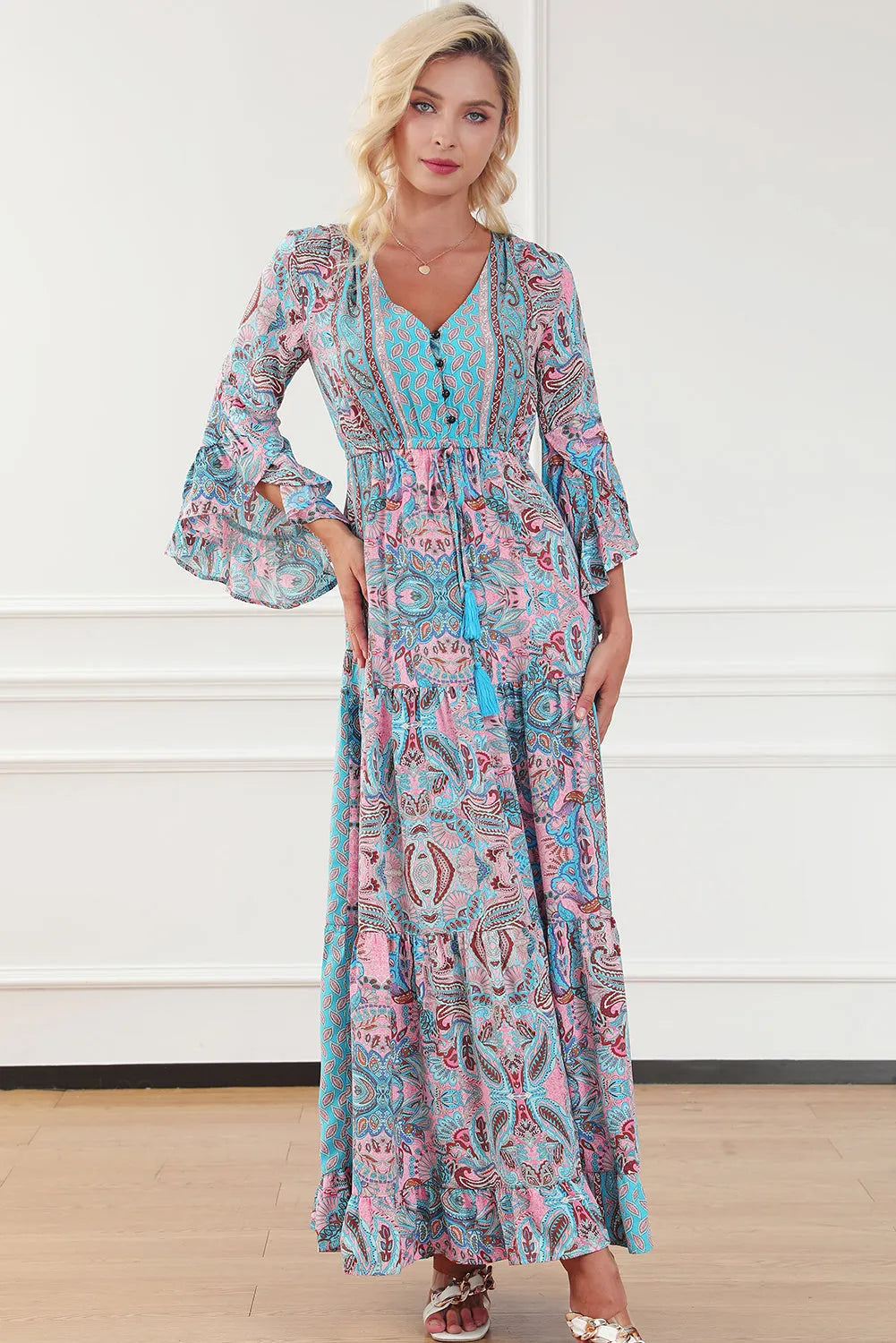 Paisley Printed Ruffle Trim Elegant Maxi Dress - Chic Meadow Boutique 