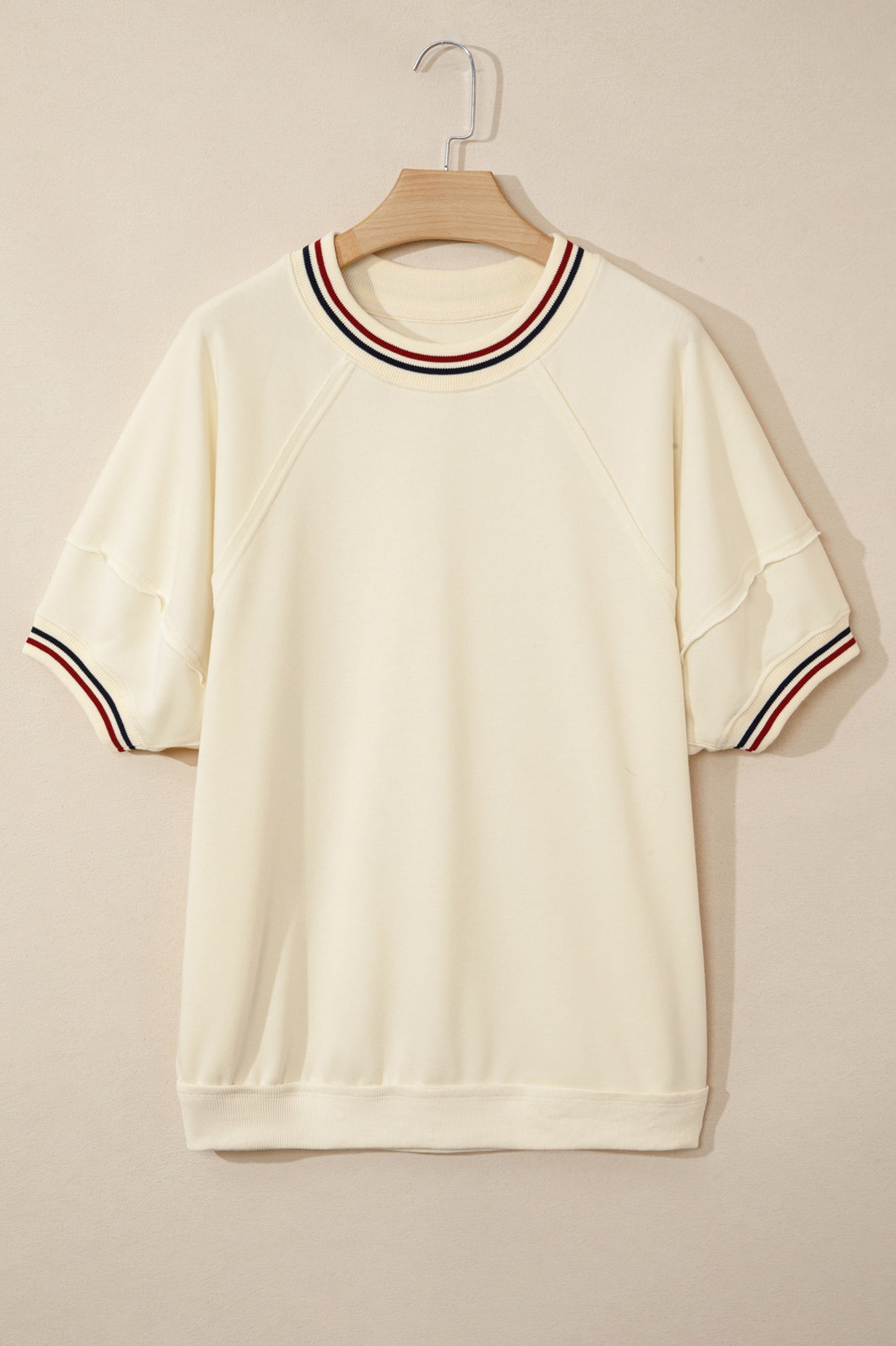 Beige Contrast Varsity Striped Neckline Cuffed Short Sleeve Loose Tunic Top