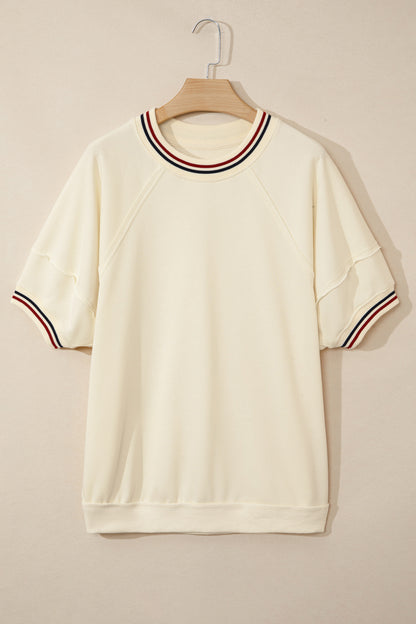 Beige Contrast Varsity Striped Neckline Cuffed Short Sleeve Loose Tunic Top