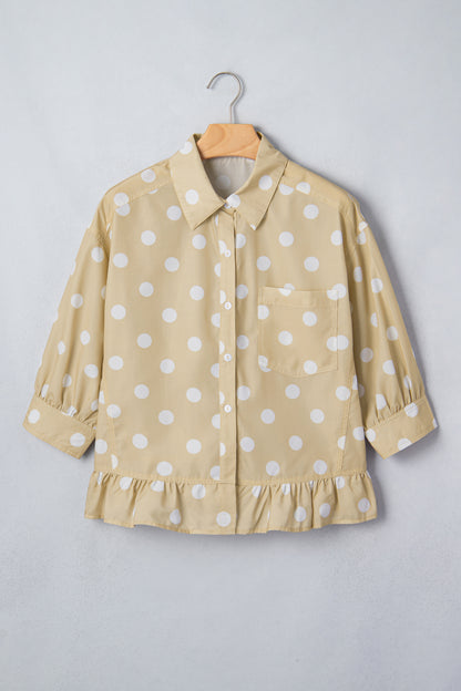 Khaki Polka Dot Print Three Quarter Sleeve Ruffle Hem Casual Shirt
