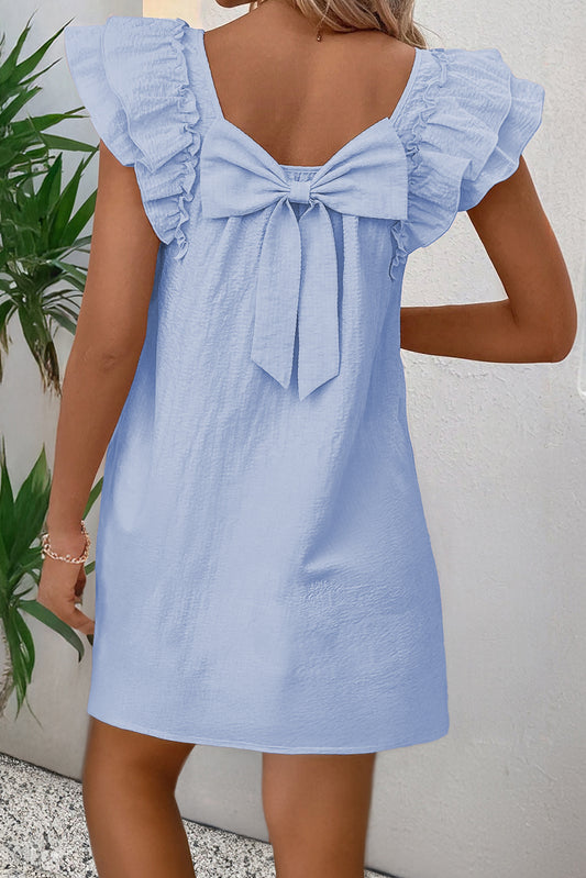 Beau Blue Textured Flutter Sleeve Square Neck Bow Back Mini Dress