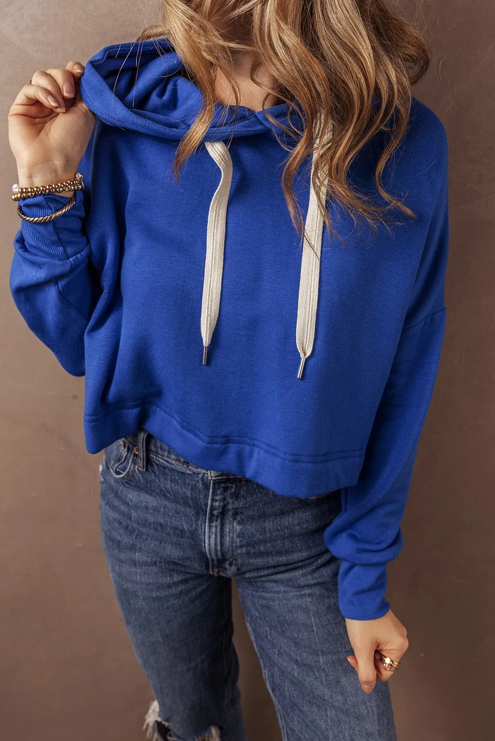 Dark Blue Solid Drop Shoulder Drawstring Cropped Hoodie - Chic Meadow Boutique 