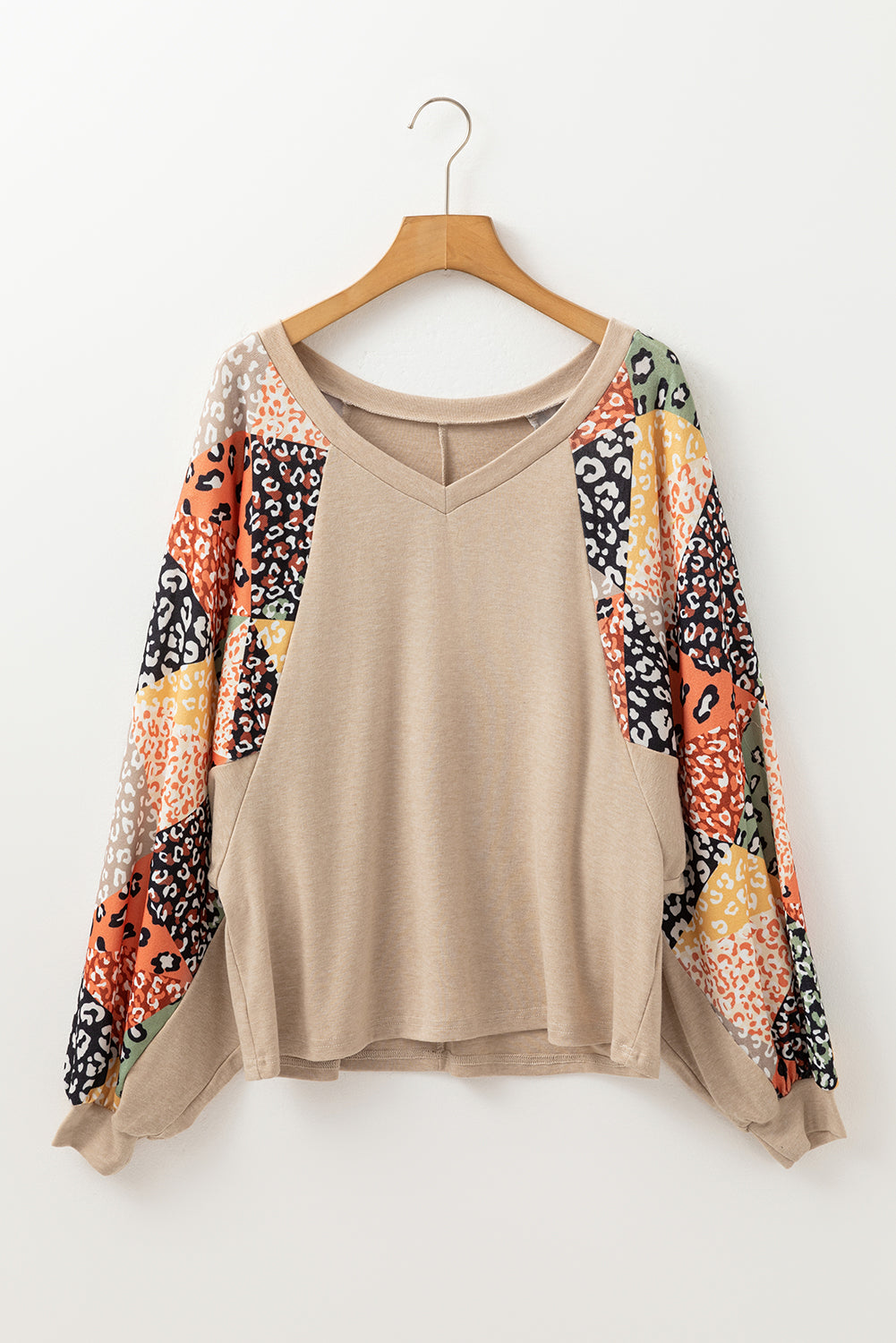 Parchment Contrast Printed Raglan Sleeves Patchwork V Neck Loose Top