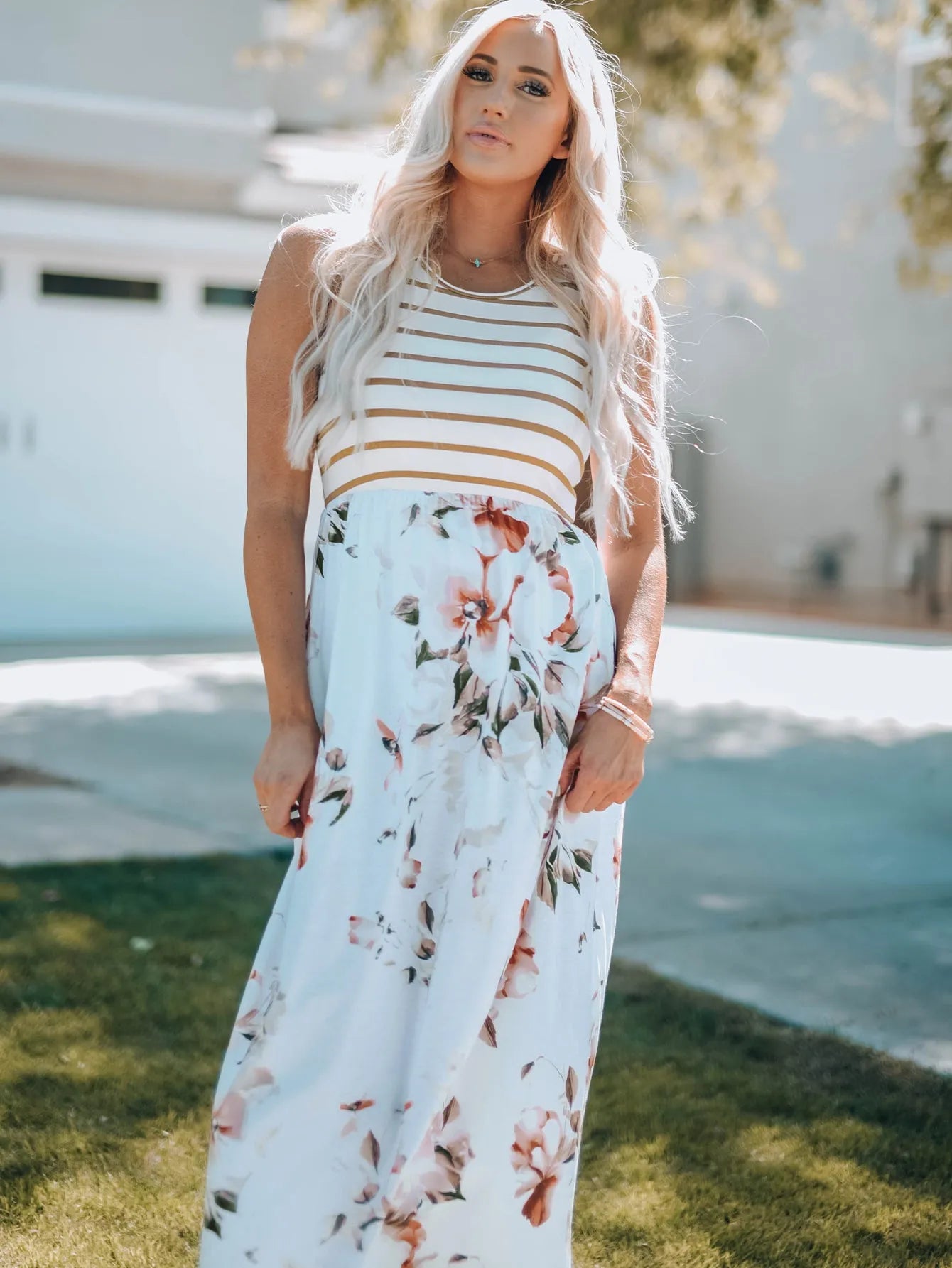 White Striped Floral Print Sleeveless Maxi Dress with Pocket - Chic Meadow Boutique 