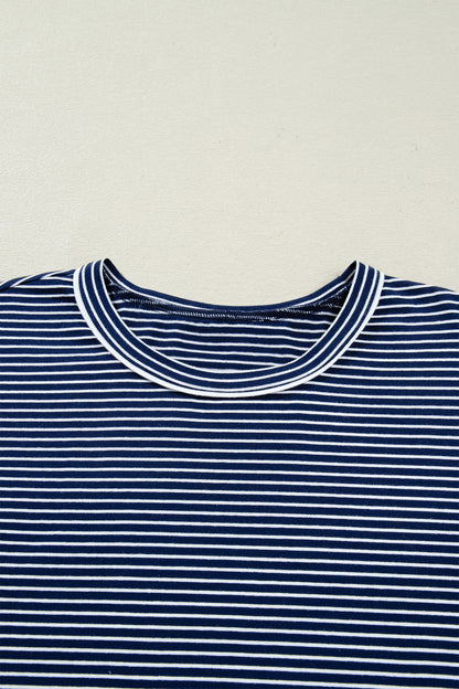 Blue Stripe Drop Shoulder Round Neck Long Sleeve Tee and Buttoned Shorts 2pcs Lounge Set