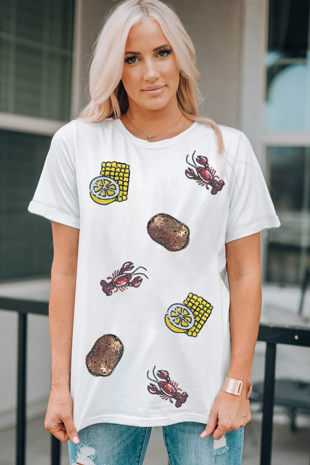 White Sequin Crawfish Potato Lemon Corn Graphic Crewneck T Shirt