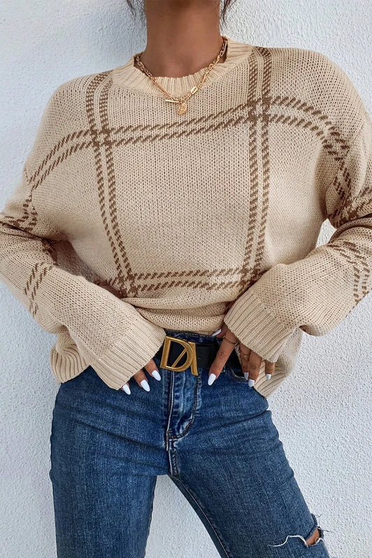 Khaki Plaid Pattern Knitted Drop Shoulder Sweater - Chic Meadow Boutique 