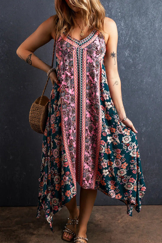 Pink Bohemian Floral Patchwork Print Long Sundress - Chic Meadow Boutique 